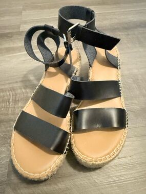 Women's Black Strappy Espadrille Sandals with Ankle Wrap